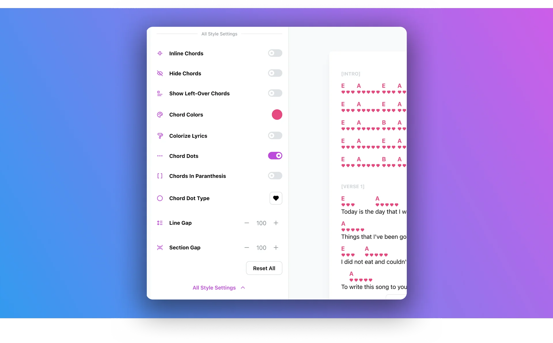chord sheet style settings