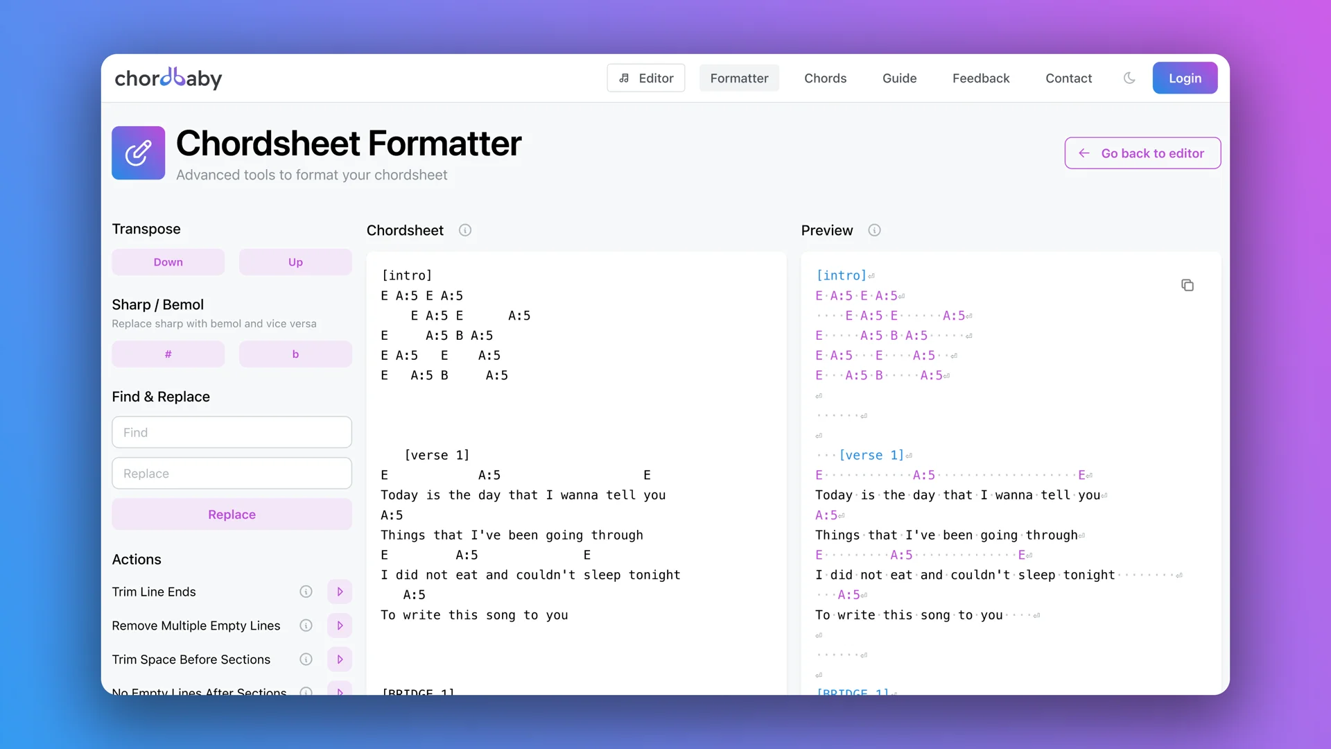chord sheet style settings
