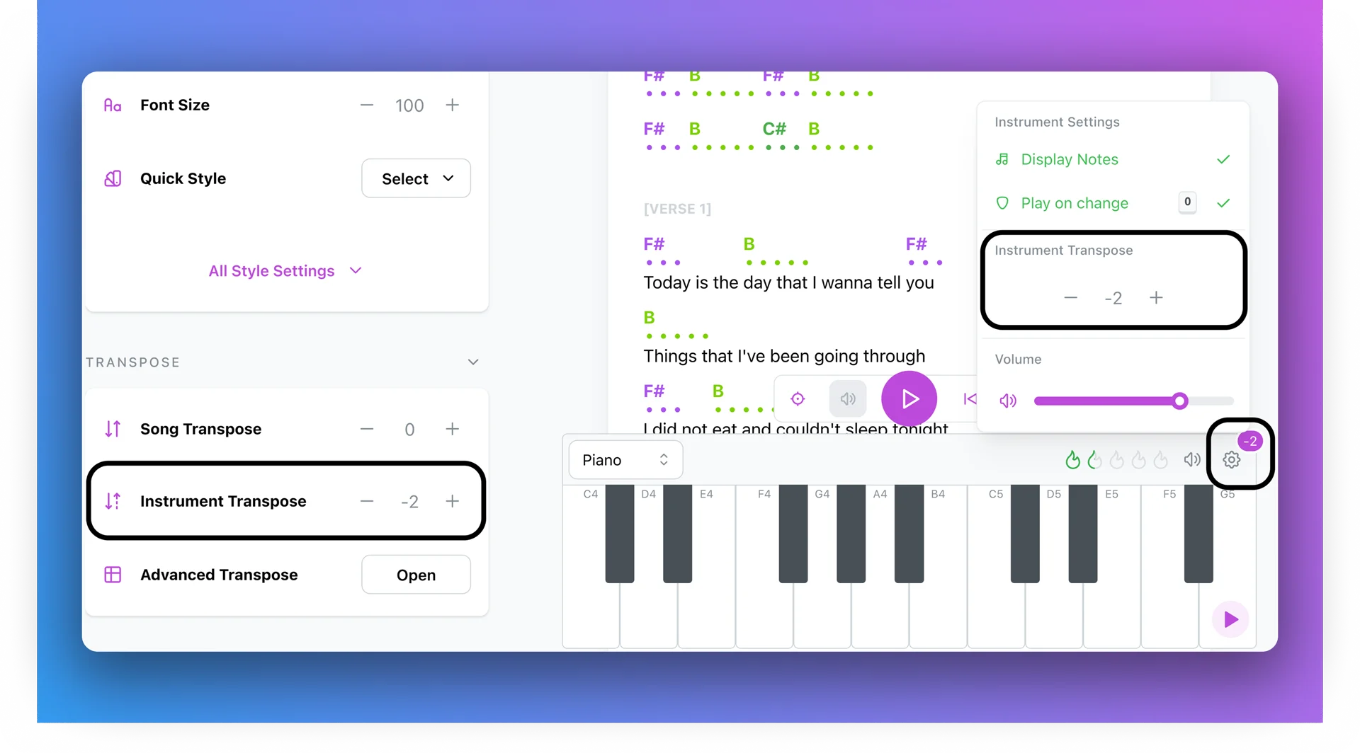 instrument transpose display